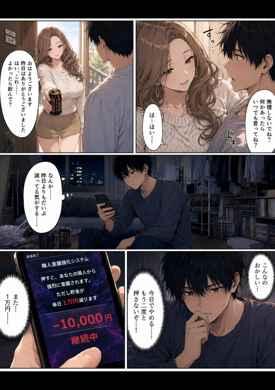 押すたび、1万円消えるボタン…その度に隣の人妻が誘惑してくる。【モザイク版】 試し読み 4ページ