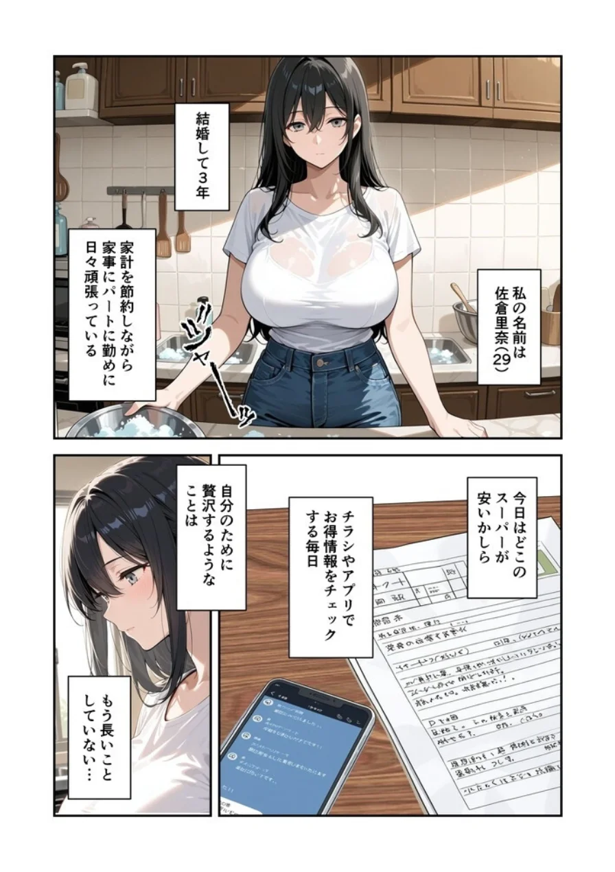 節約上手の真面目な人妻が媚薬暗示マッサージにハマって、どスケベ肉便器になった話【モザイク版】 試し読み 2ページ