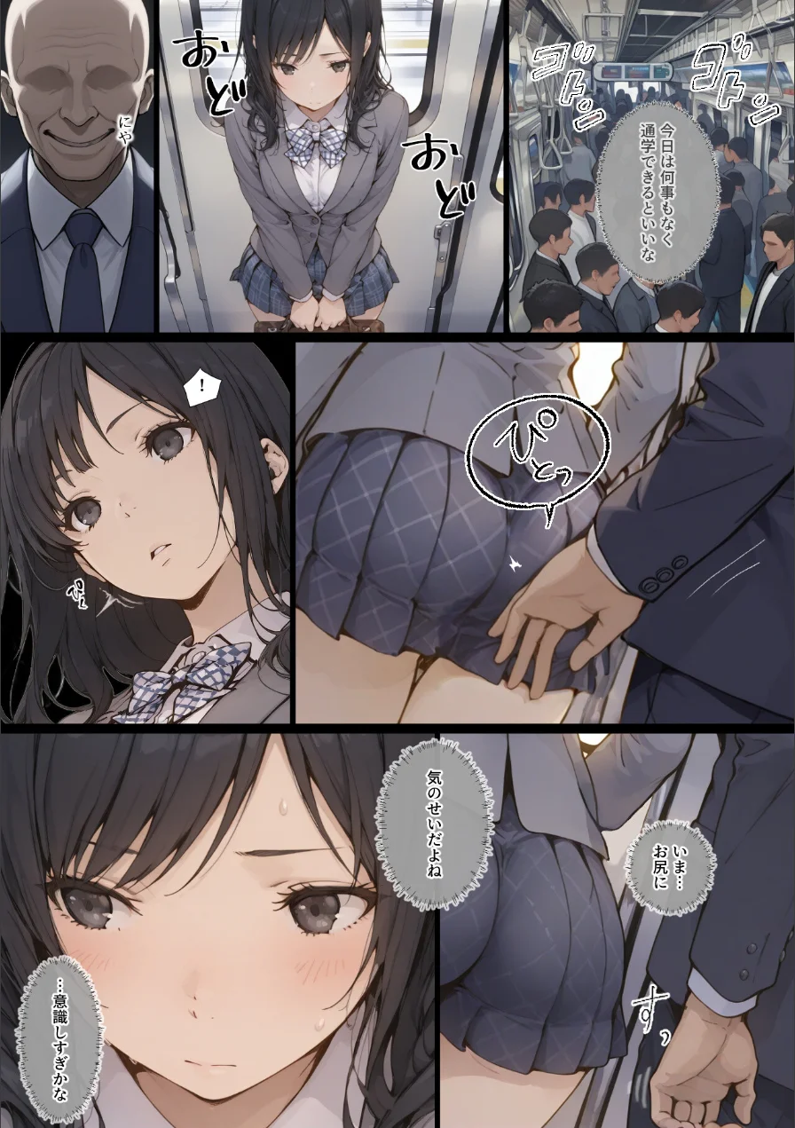 気の弱い黒髪少女が電車で痴●に遭って抵抗できず穢される漫画【モザイク版】 試し読み 1ページ